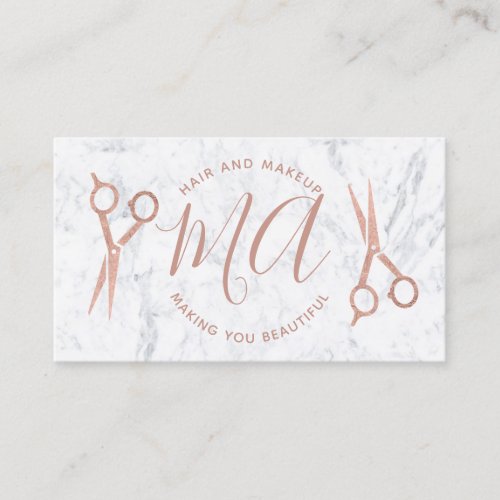 Initials rose gold script scissors white marble business card