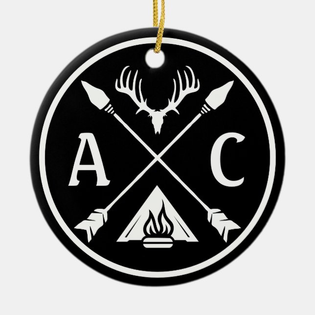 Initials Rustic Adventure Round Emblem  Ceramic Ornament (Front)