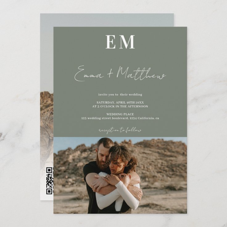 Initials sage green simple 2 photos qr wedding invitation | Zazzle