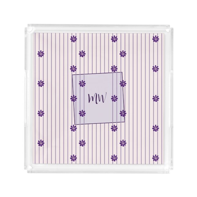 Initials Stripes and Flowers Acrylic Vanity Tray (Front)