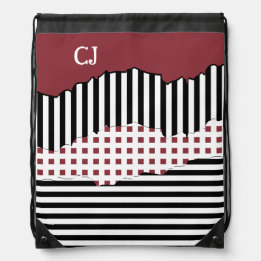 Initials Stripes Net Layered Black, White & Red Dr Drawstring Bag