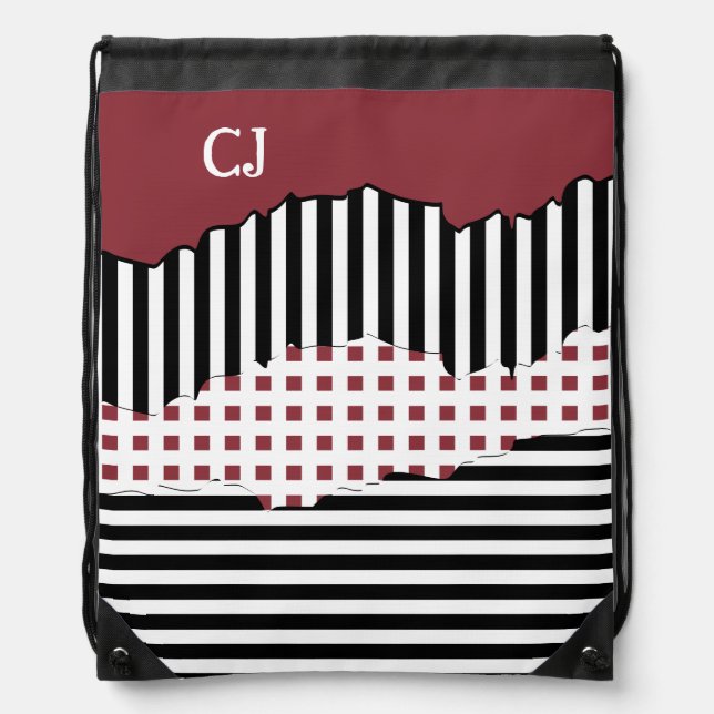 Initials Stripes Net Layered Black, White & Red Dr Drawstring Bag (Front)