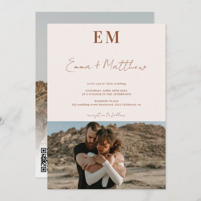 Initials terracotta beige 2 photos qr wedding invitation (Front/Back)