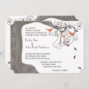 Initials Tree Tangerine Bird Wedding Invitations