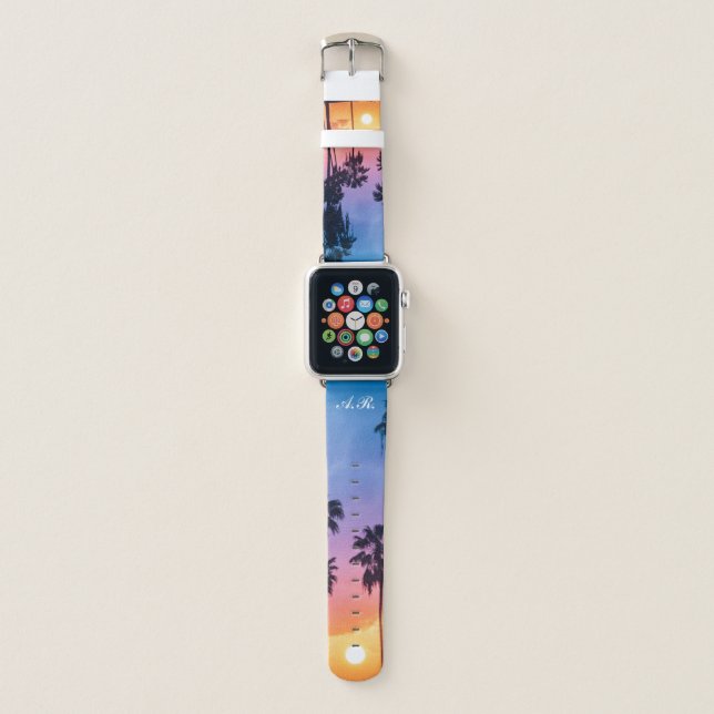 Initials Tropical Vibrant Rainbow Sunset Palm Tree Apple Watch Band (Front)