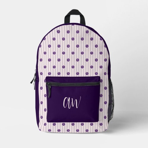 Initials Violet  Blush Stripes _ Purple Blooms Printed Backpack