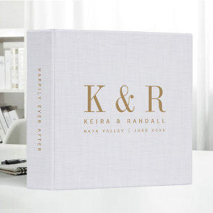 Initials Wedding Album White Gold Linen Cloth 3 Ring Binder