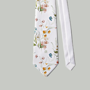 Initials White Colorful Floral Still Life Art Neck Tie