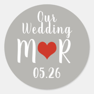 initials with red love heart, gray wedding classic round sticker