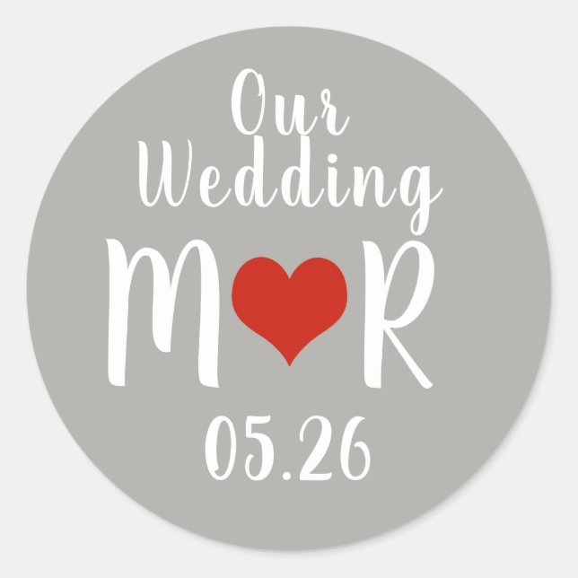initials with red love heart, gray wedding  classic round sticker (Front)