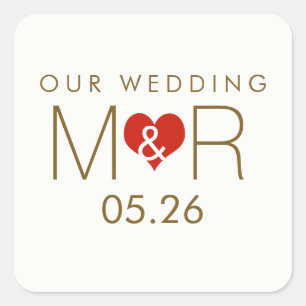 initials with red love heart, our wedding square sticker
