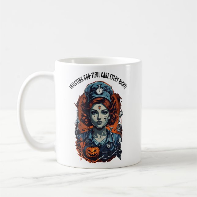 Injecting Boo-tiful Care, Spooky Halloween Nurse Coffee Mug (Left)
