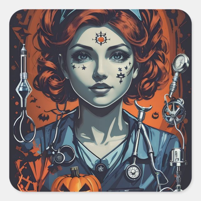 Injecting Boo-tiful Care, Spooky Halloween Nurse Square Sticker (Front)