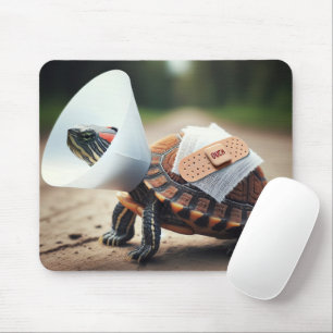 Injured Turtle Wearing Pet Cone Collar Mouse Pad