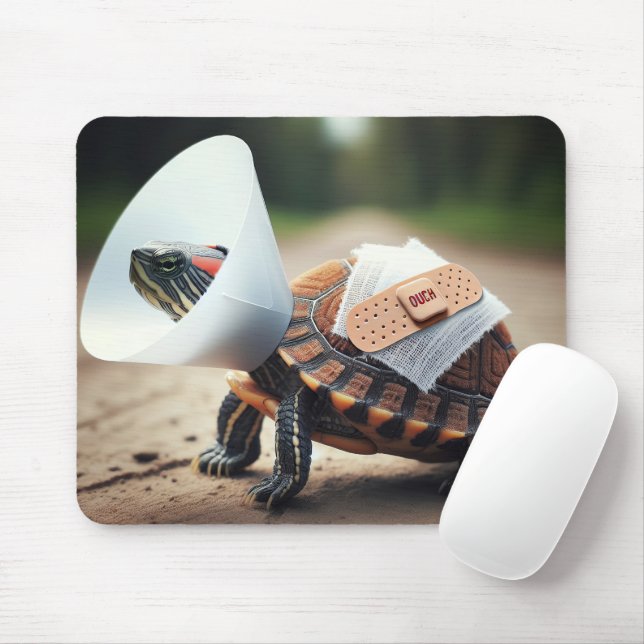 Injured Turtle Wearing Pet Cone Collar Mouse Pad (With Mouse)