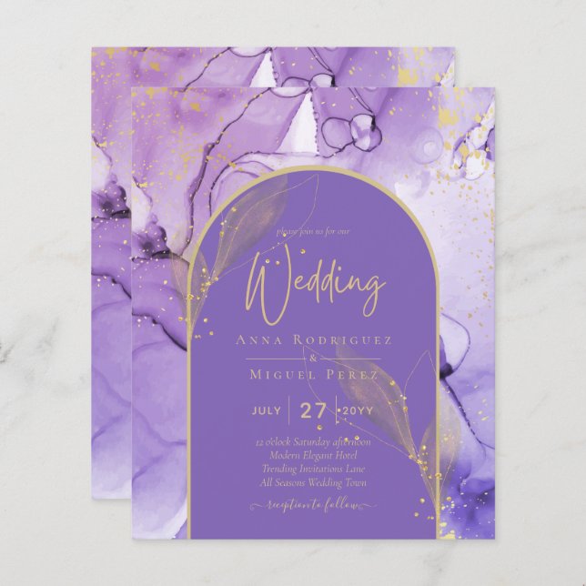 Ink Abstract PURPLE GOLD Lavender Wedding INVITE (Front/Back)