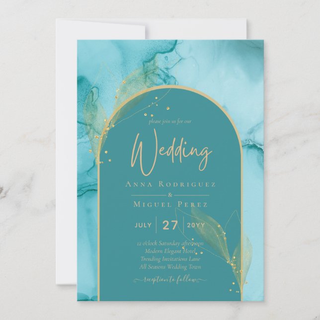 INK Abstract Turquoise Teal Gold Wedding INVITE (Front)