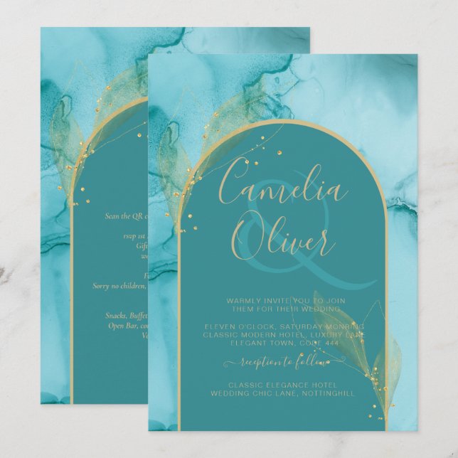 INK Abstract Turquoise Teal Gold Wedding INVITE (Front/Back)