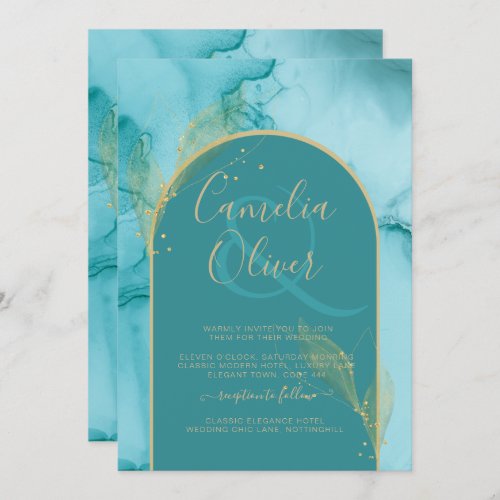 INK Abstract Turquoise Teal Gold Wedding INVITE