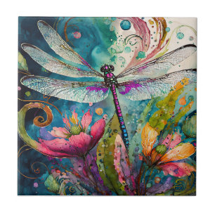 Ink and Pen Watercolor Dragonfly Ceramic Tile