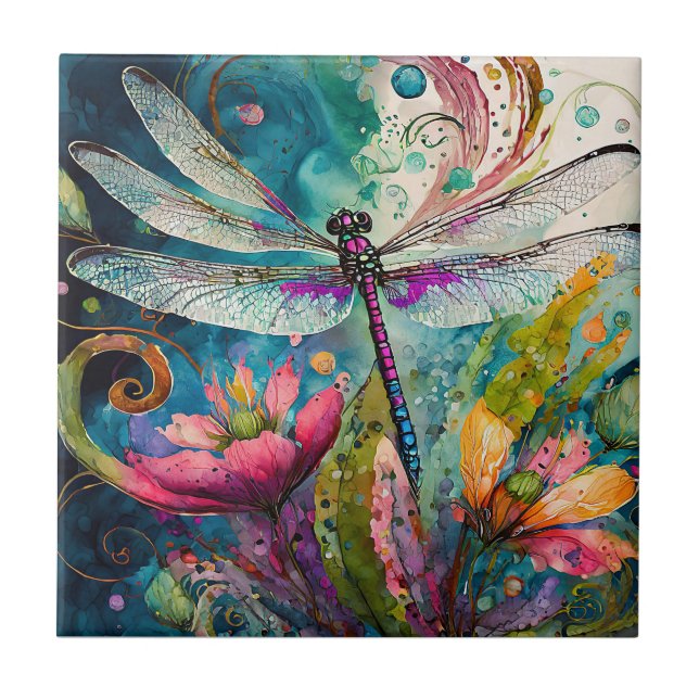 Ink and Pen Watercolor Dragonfly Ceramic Tile (Front)