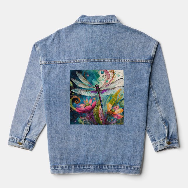 Ink and Pen Watercolor Dragonfly  Denim Jacket (Back)