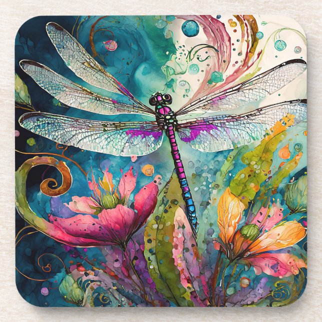 Ink and Pen Watercolor Dragonfly Hard Plastic  Beverage Coaster (Front)