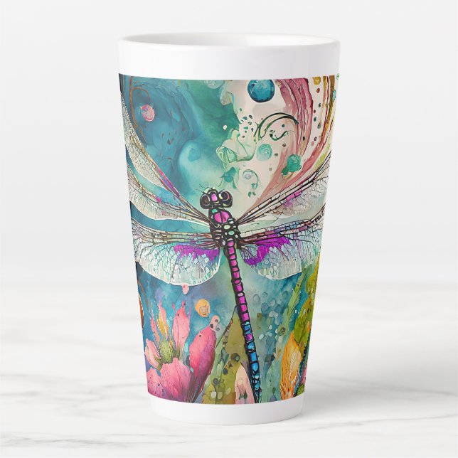 Ink and Pen Watercolor Dragonfly Latte Mug (Front)