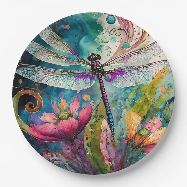 Ink and Pen Watercolor Dragonfly  Paper Plates (Front)