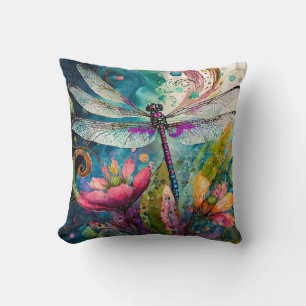 Ink and Pen Watercolor Dragonfly   Throw Pillow