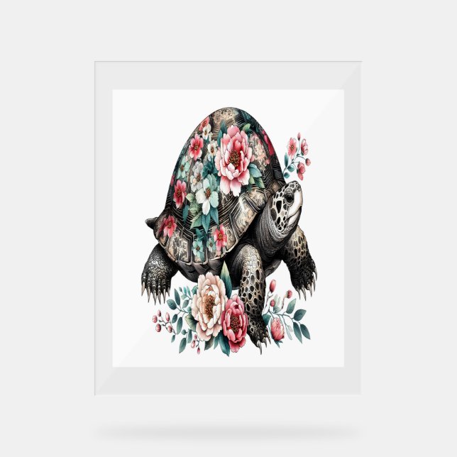 Ink and Wash Turtle with Floral Shell. Acrylic Sign (Front)