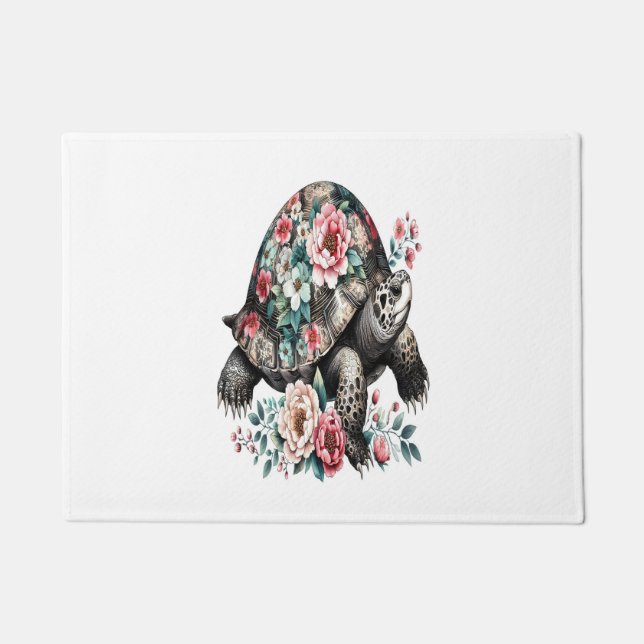Ink and Wash Turtle with Floral Shell. Doormat (Front)