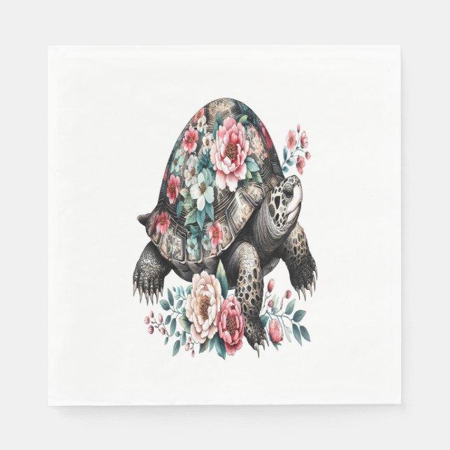 Ink and Wash Turtle with Floral Shell. Napkins (Front)