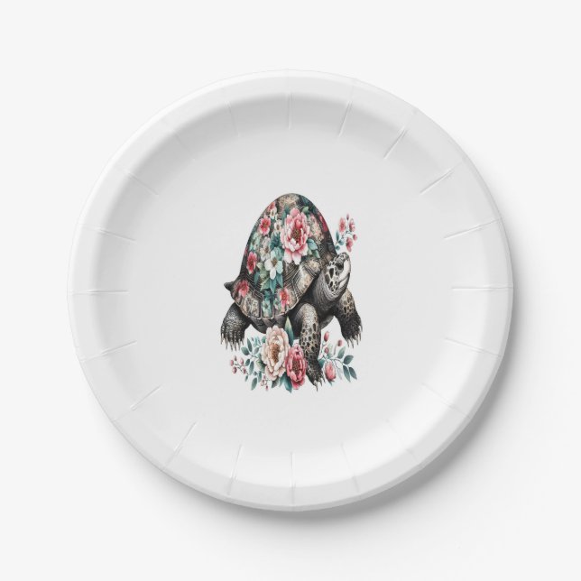 Ink and Wash Turtle with Floral Shell. Paper Plates (Front)