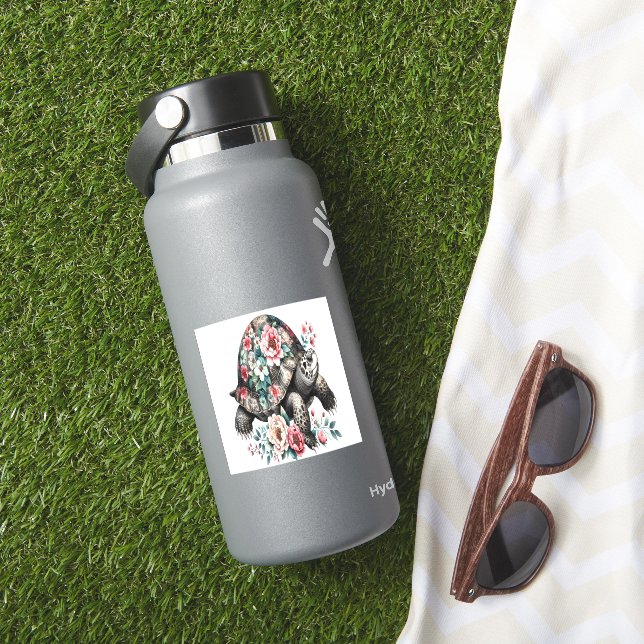 Ink and Wash Turtle with Floral Shell. Sticker (HydroFlask Insitu)