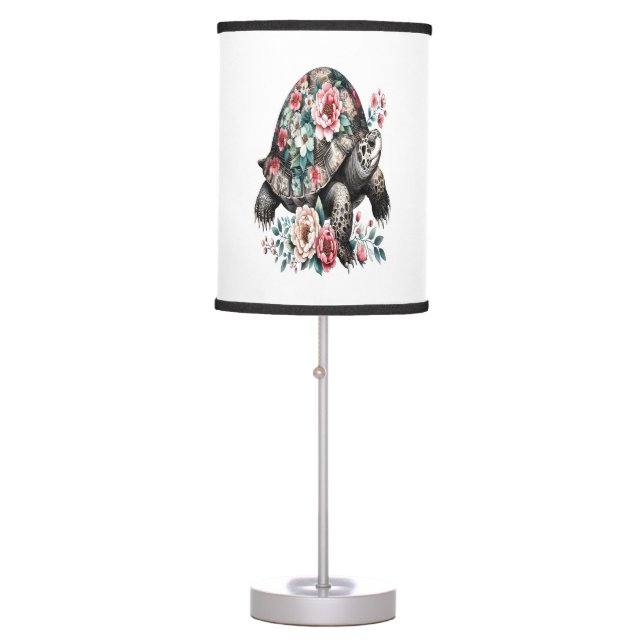 Ink and Wash Turtle with Floral Shell. Table Lamp (Front)