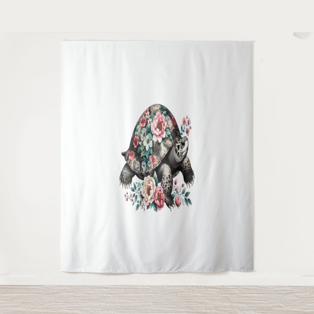 Ink and Wash Turtle with Floral Shell. Tapestry (Front)