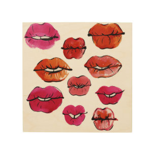 Ink and watercolor lips set wood wall art