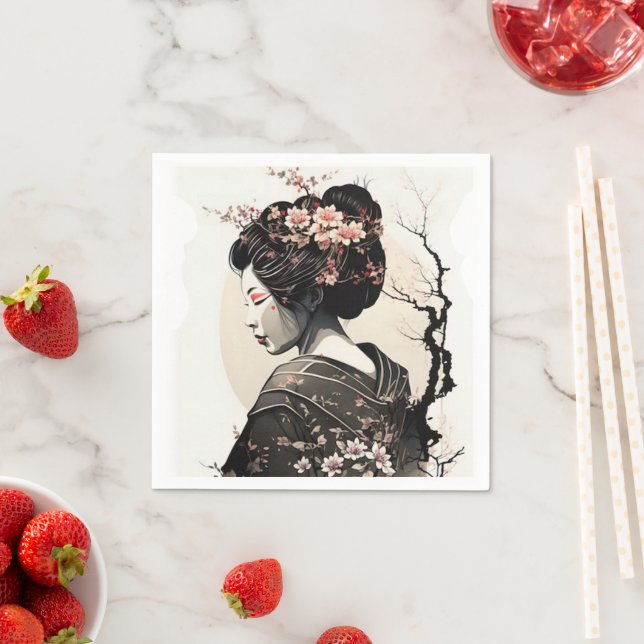 Ink Art Japan Geisha Cherry Blossom -  Napkins (Insitu)