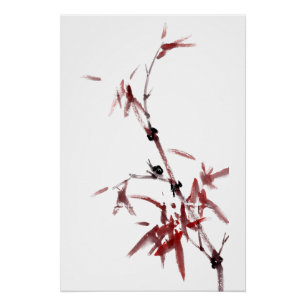 Ink art with snail and red bamboo poster