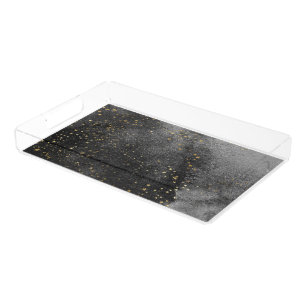 Ink black night sky gold stars cosmos universe acrylic tray