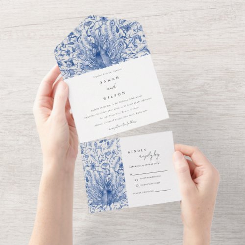 Ink Blue Classy Ornate Watercolor Peacock Wedding All In One Invitation