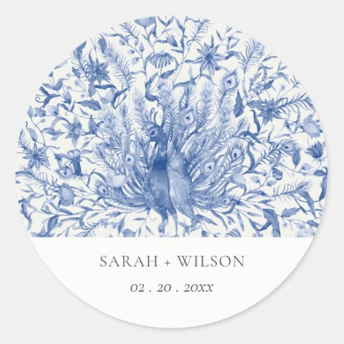 Ink Blue Classy Ornate Watercolor Peacock Wedding Classic Round Sticker