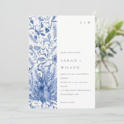 Ink Blue Classy Ornate Watercolor Peacock Wedding Invitation