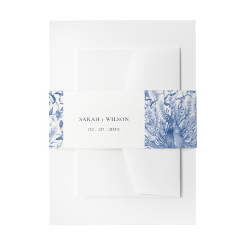 Ink Blue Classy Ornate Watercolor Peacock Wedding Invitation Belly Band