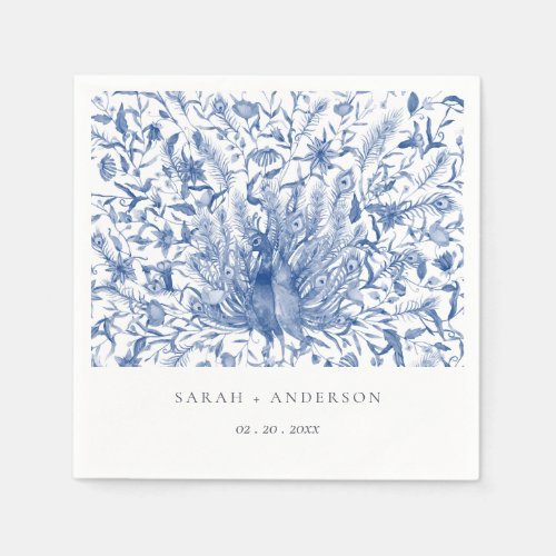 Ink Blue Classy Ornate Watercolor Peacock Wedding Napkins
