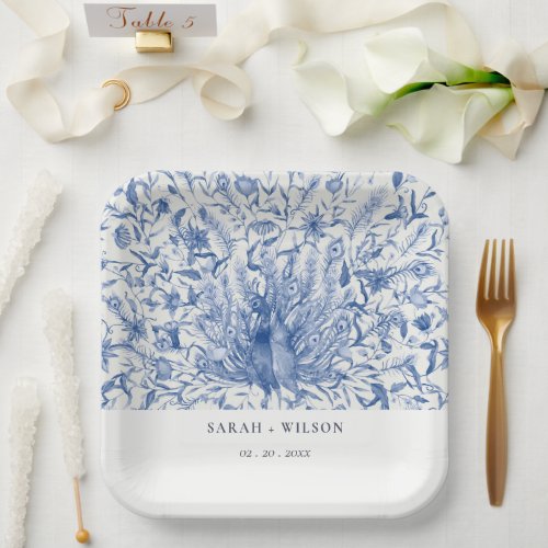 Ink Blue Classy Ornate Watercolor Peacock Wedding Paper Plates