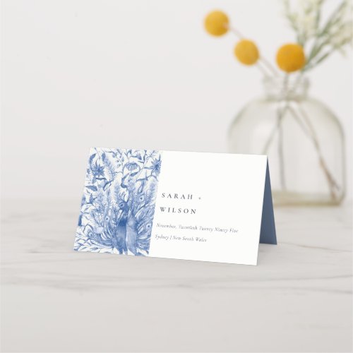 Ink Blue Classy Ornate Watercolor Peacock Wedding Place Card