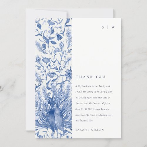 Ink Blue Classy Ornate Watercolor Peacock Wedding Thank You Card