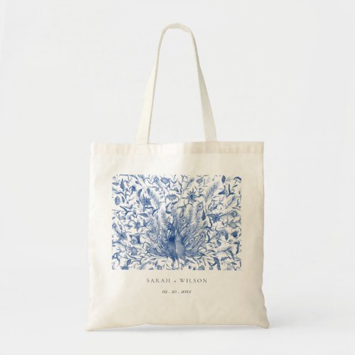 Ink Blue Classy Ornate Watercolor Peacock Wedding Tote Bag